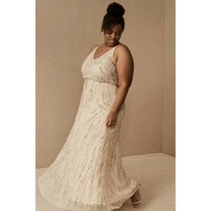 BHLDN Fiedelia Size 16 Beaded Sleeveless Full Length Gown Dress V-neck Oyster